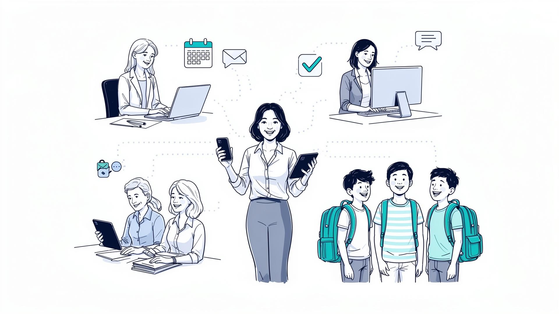 Connected school ecosystem showing teachers, parents, and students integrated via Vidrasil ERP